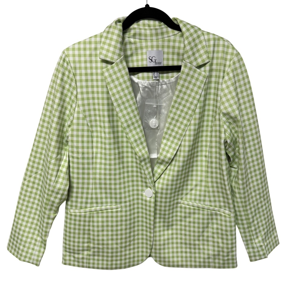 Susan Graver SG Tailored Green White Gingham Check Blazer Jacket Womens Medium